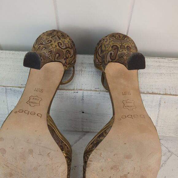 Bebe Gold Strappy Brocade Floral Sparkle Stiletto Heels Size 9.5 M Coquette - Picture 11 of 12
